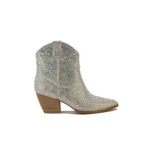 NEW MARS SKY women’s rhinestone western block heel ankle boots in silver